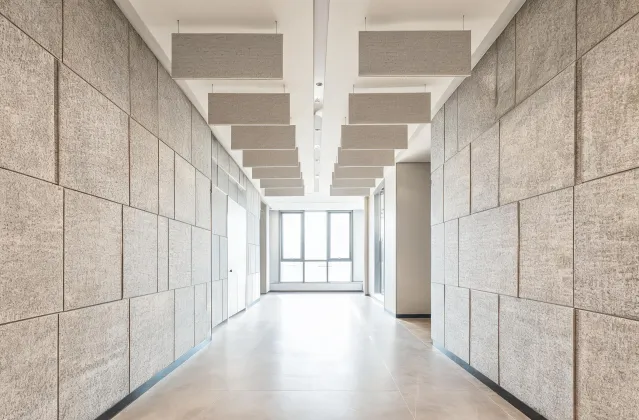 Acoustic stone wool panels in a commercial corridor