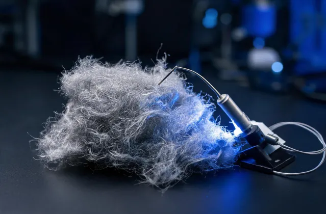 Basalt stone wool fiber close-up under laboratory lighting