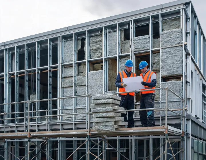 Stone wool insulation boards installed on a commercial facade rainscreen